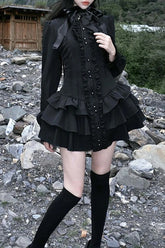 Black Gothic Lace O Neck Long Sleeve Slim Lolita Mini Dress