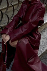 Vintage PU Leather Belted Long Trench Coat
