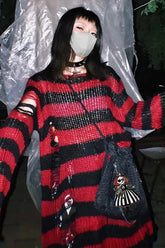 Goth Striped Ripped Long Sleeve Knitted Sweater