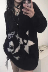 Karrram Gothic Skulls Grunge Y2K Loose Mohair V-neck Sweater