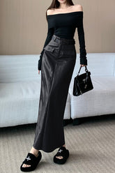 Chic PU Leather Pocketed Straight Maxi Skirt