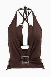 Street Hollow Out Deep V Neck Solid Color Halter Top