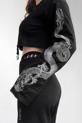 Gothic Dragon Print Cropped Hoodie