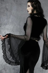 Vintage Black Lace-up Flared Sleeve Crop T-shirt