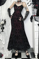 French Palace Dark Gothic Flocking Spaghetti Strap Maxi Dress