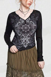 V-Neck Mesh Raglan Floral Knit Top