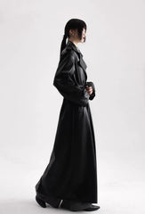 Long Black Soft Leather Long Coat