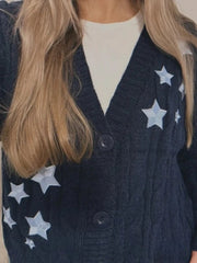Y2k Star Embroidery Navy Knitted Women's Casual Cardigan Sweater