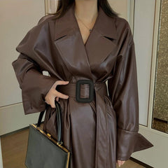 Oversized Lapel Leather Long Coat