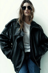 Long Sleeve Stand Collar Leather Jacket