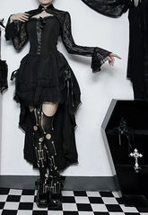 Asymmetric Pleated Lace Black Midi Dress