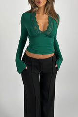 Slim Deep V Bell Sleeve Lace Trim Knit Top