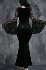 Gothic Vintage Lace Patchwork See Through Flare Sleeve Maxi Dress