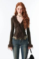 Lace Up V Neck Furry Plush Knit Top