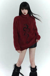 Y2K Grunge Red Zipper Print Oversized Streetwear Sweater