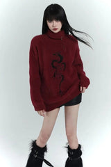 Y2K Grunge Red Zipper Print Oversized Streetwear Sweater