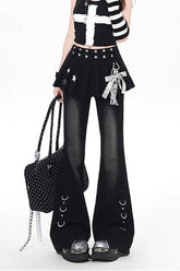 Y2K Layered Flare Denim Skirt Pants