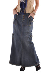 Slim-Fit Multi-Pocket Denim Bodycon Maxi Skirt