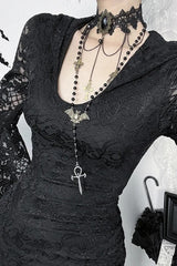 Dark Gothic Lace Flared-sleeve Hollow-out Hem Maxi Dress