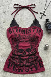 Lace Patchwork Skull Halter Top