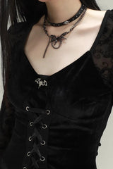 Black Velvet Lace Splice Bowknot Bell Sleeve Goth Mini Dress