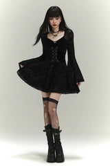 Black Velvet Lace Splice Bowknot Bell Sleeve Goth Mini Dress