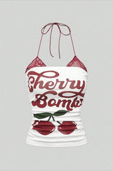 Retro Cherry Floral Lace Patchwork Halter Top