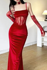 Winter Lace Fishbone Sling Sleeve Formal Maxi Dress