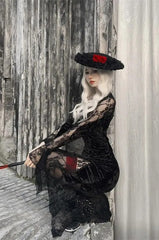 Gothic Y2k Lace Patchwork Long Sleeve Slim Black Maxi Dress