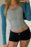 Striped Raglan Tie Neck Crop Tops