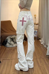 Retro Cross & Letter Embroidery Flare Jeans Pants