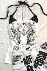 Retro Black White Thorn Wing Print Lace Halter Top