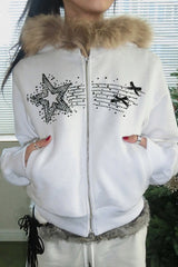 Vintage Star Print Fur Collar Hoodie