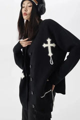 Black Vintage Y2k Goth Harajuku Cross Knitted Oversized Cardigan Sweater