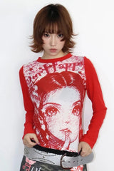 Y2K Anime Print Knit Top