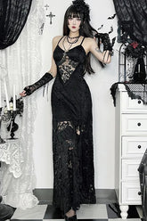 Gothic Vintage Lace Split See Through Maxi Dress