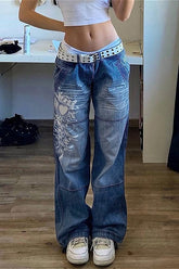 Distressed Ruched Wide-Leg Pant