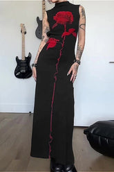 Halloween Gothic Rose Print Backless Long Dress