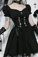 Black V Neck Lace Up High Waist Corset Mini Dress