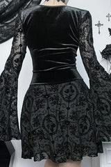 Dark Velvet Gothic Flare Sleeve Bandage Vintage Mini Dress