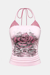 Vintage Lace Rose Print Fake Two-piece Halter Top