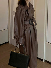 Oversized Lapel Leather Long Coat