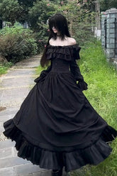 Off Shoulder Gothic Ruffle Hem Maxi Dress