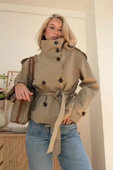 Chic Stand Collar Cropped Trench Coat