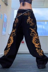 Punk Gold Foil Print Black Denim Floor Pants