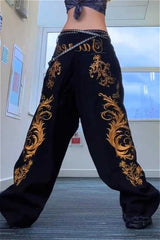 Punk Gold Foil Print Black Denim Floor Pants