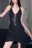Black Sequin Cross Halter V-neck Mini Dress