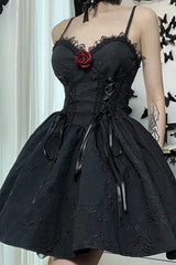 Black Gothic Jacquard Tie Up Lace Trim A-line Mini Dress