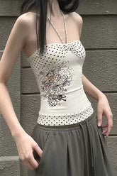 Y2K Vintage Polka Dot Floral Halter Top