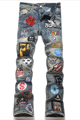 Blue Punk Stitched Badge Flare Denim Pants